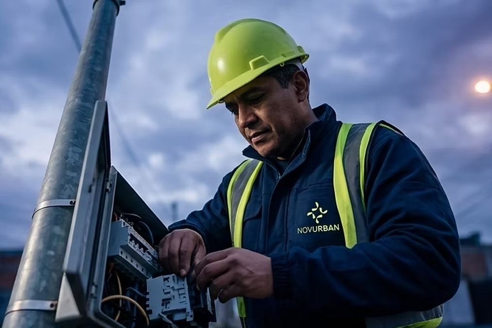 Eletricista da NovUrban trabalhando no quadro elétrico de um poste de iluminação pública