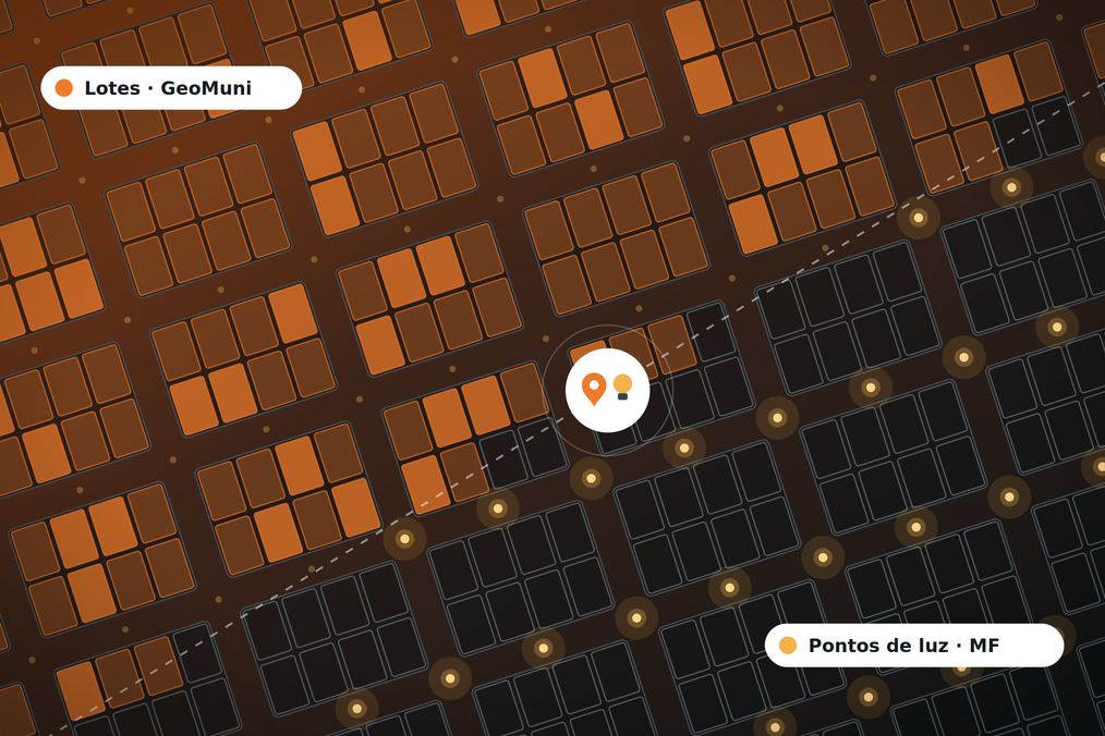 Mapa ilustrado que relaciona lotes do GeoMuni aos pontos de luz do MF GovTech