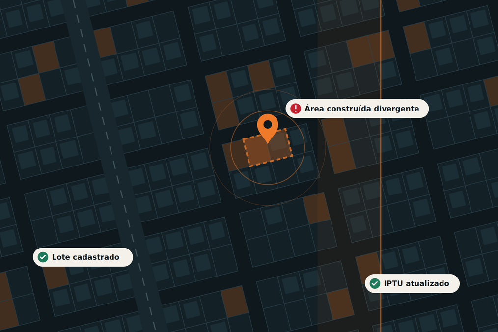Mapa de lotes cadastrados com área construída divergente e IPTU atualizado